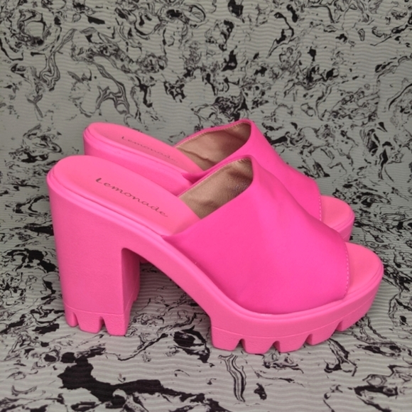 Dolls Kill Shoes - Neon pink slip on platform sandals.